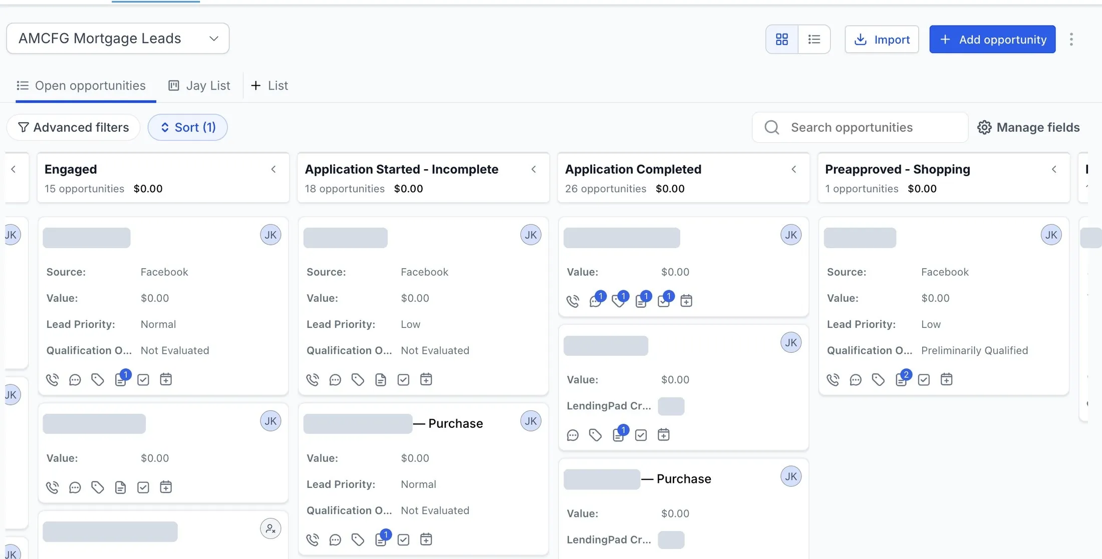A CRM pipeline board with columns for Engaged, Application Started, Application Completed and Preapproved. Client details are hidden.