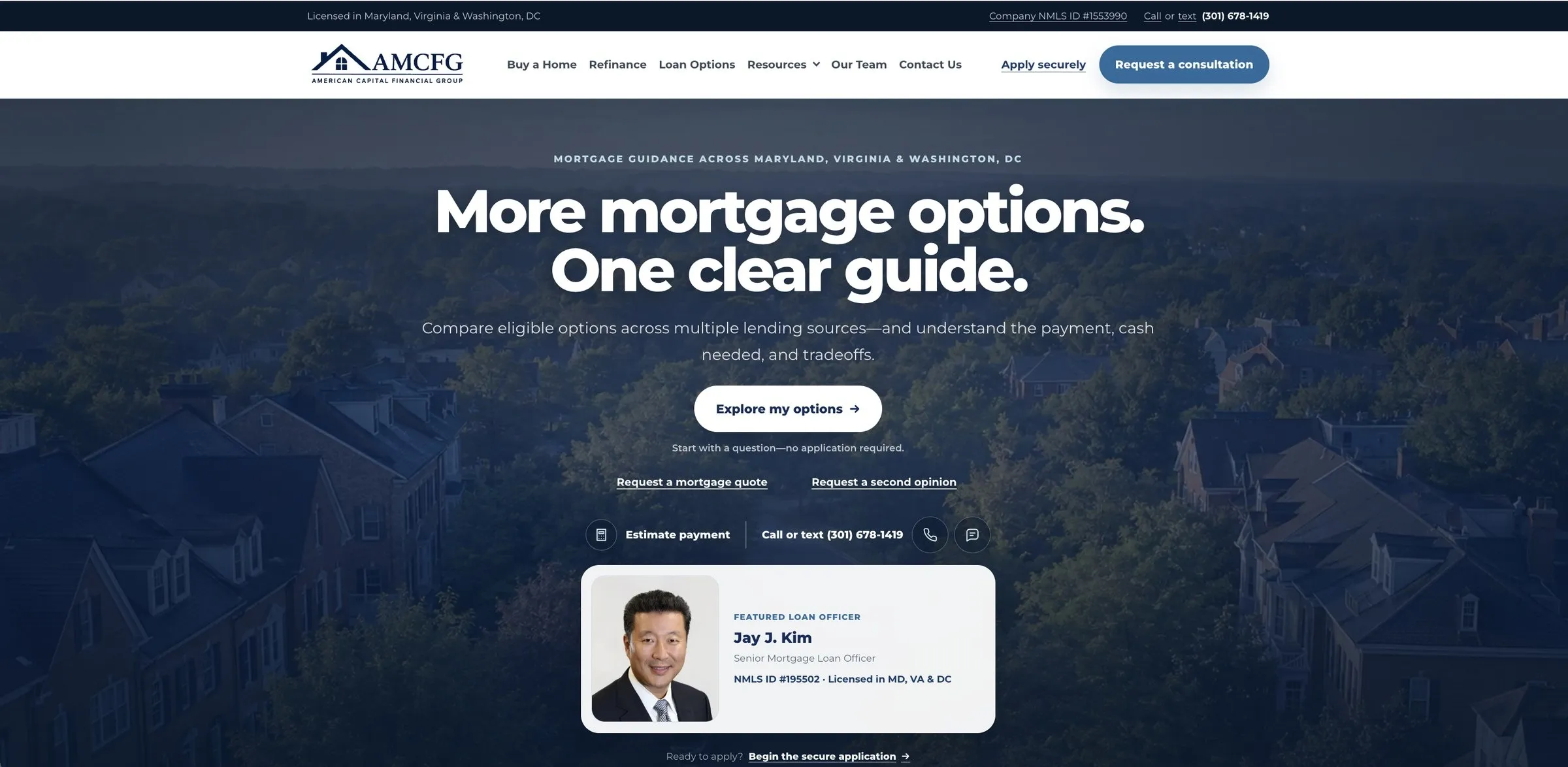 The new amcfg.com homepage, with the headline More mortgage options. One clear guide.